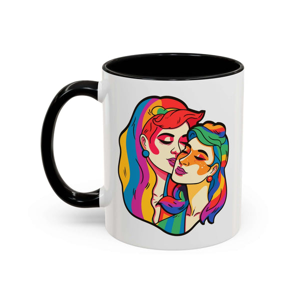 Pride Lesbian Couple Mug featuring two female figures in colorful hair and expressions embracing affection.