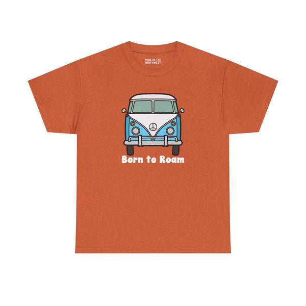 Born to Roam athletic tee with classic vanagon bus design and peace sign, perfect for wanderers and adventure lovers.