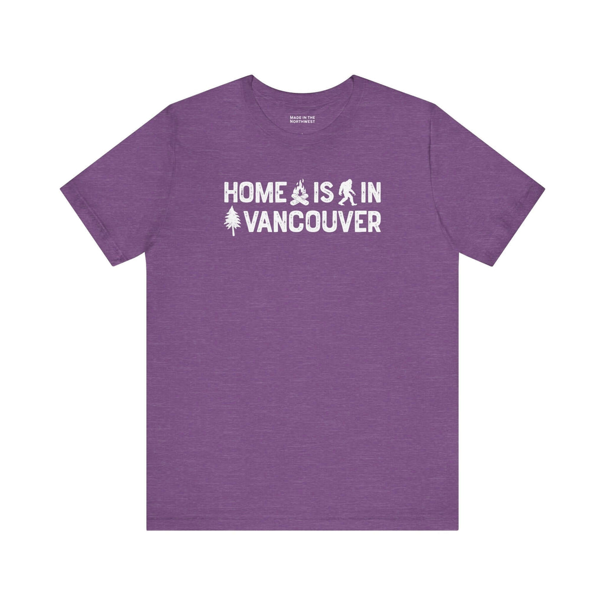 Home Is in Vancouver Tee showcasing purple shirt with text and graphic designs representing PNW pride.