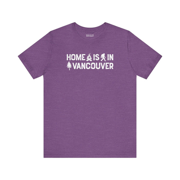 Home Is in Vancouver Tee showcasing purple shirt with text and graphic designs representing PNW pride.