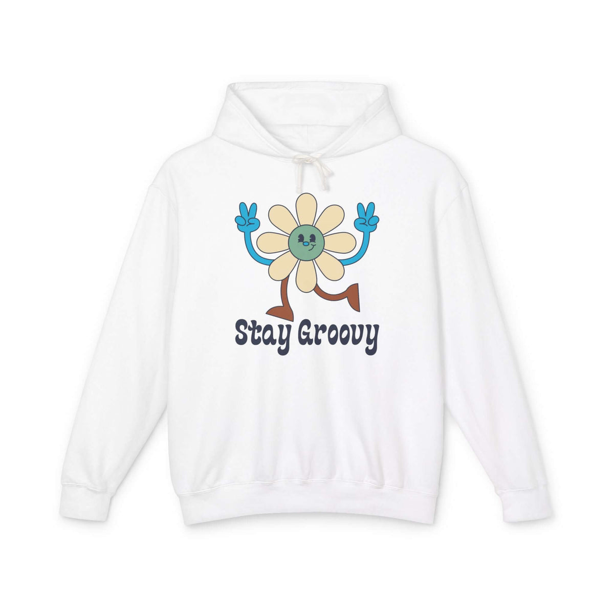 Stay Groovy Hoodie featuring a smiling daisy with peace signs on a white sweatshirt.