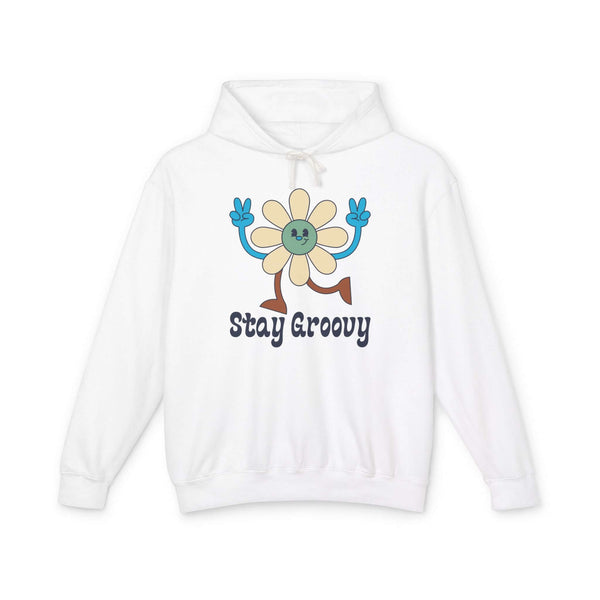 Stay Groovy Hoodie featuring a smiling daisy with peace signs on a white sweatshirt.