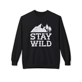 Stay Wild Sweatshirt featuring a mountain and trees graphic on a black crewneck for outdoor enthusiasts.