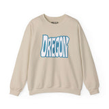 Oregon State of Mind Typography Sweatshirt featuring state-shaped design in blue on beige fabric.