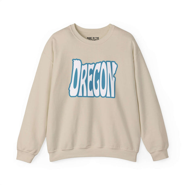 Oregon State of Mind Typography Sweatshirt featuring state-shaped design in blue on beige fabric.