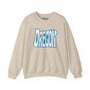 Oregon State of Mind Typography Sweatshirt featuring state-shaped design in blue on beige fabric.