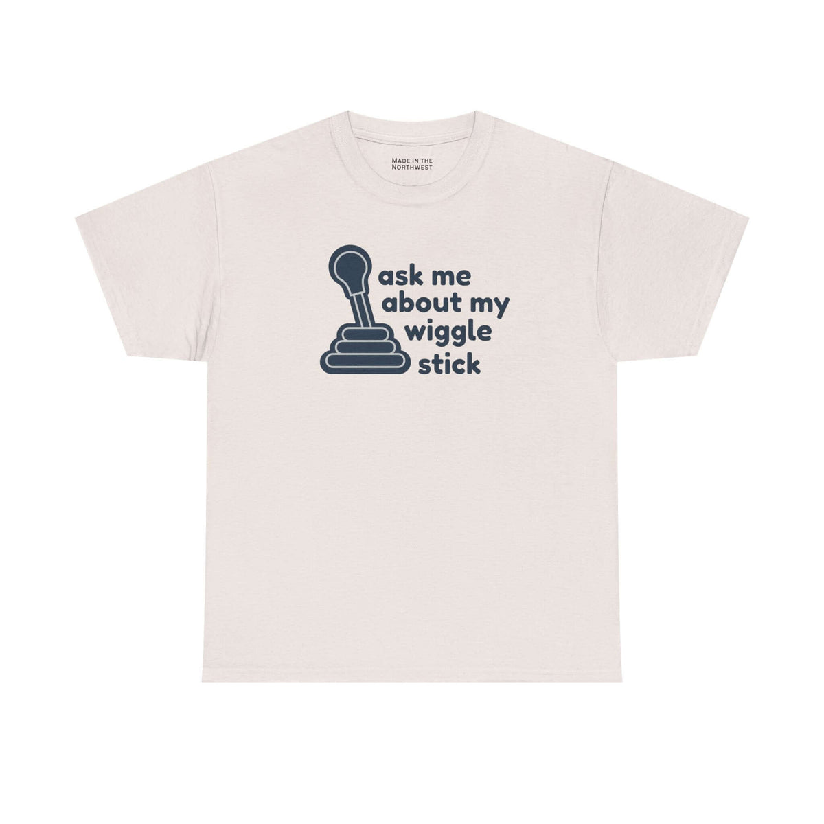 ask me about my wiggle stick t shirt featuring a gear shift graphic on a light-colored tee.