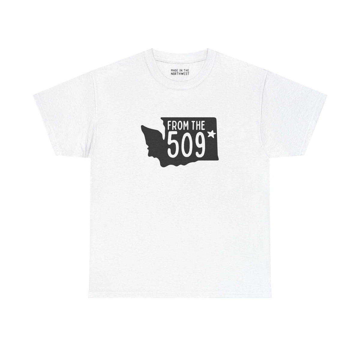 White athletic tee featuring 'From the 509' with Washington state shape and star, celebrating Spokane pride.