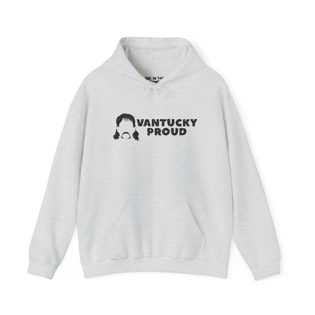 Vantucky Proud Rusty McCoy cozy hoodie in light gray featuring a unique character design and front pocket.