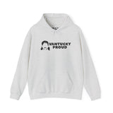 Vantucky Proud Rusty McCoy cozy hoodie in light gray featuring a unique character design and front pocket.