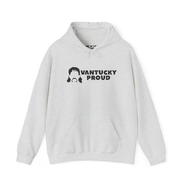 Vantucky Proud Rusty McCoy cozy hoodie in light gray featuring a unique character design and front pocket.