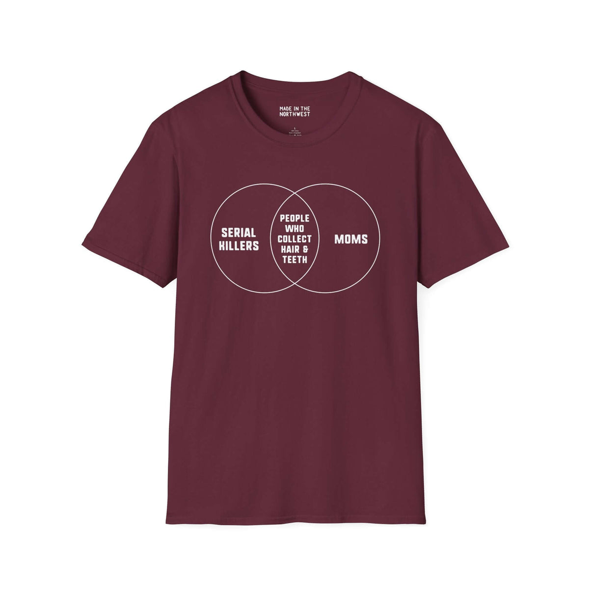 Dark red t-shirt featuring a humorous Venn diagram of Serial Killers and Moms for true crime fans.