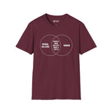 Dark red t-shirt featuring a humorous Venn diagram of Serial Killers and Moms for true crime fans.