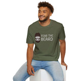 Man wearing Fear the Beard Lumberjack Softstyle T-Shirt, showcasing a fun beard design.