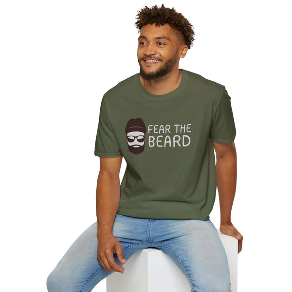 Man wearing Fear the Beard Lumberjack Softstyle T-Shirt, showcasing a fun beard design.