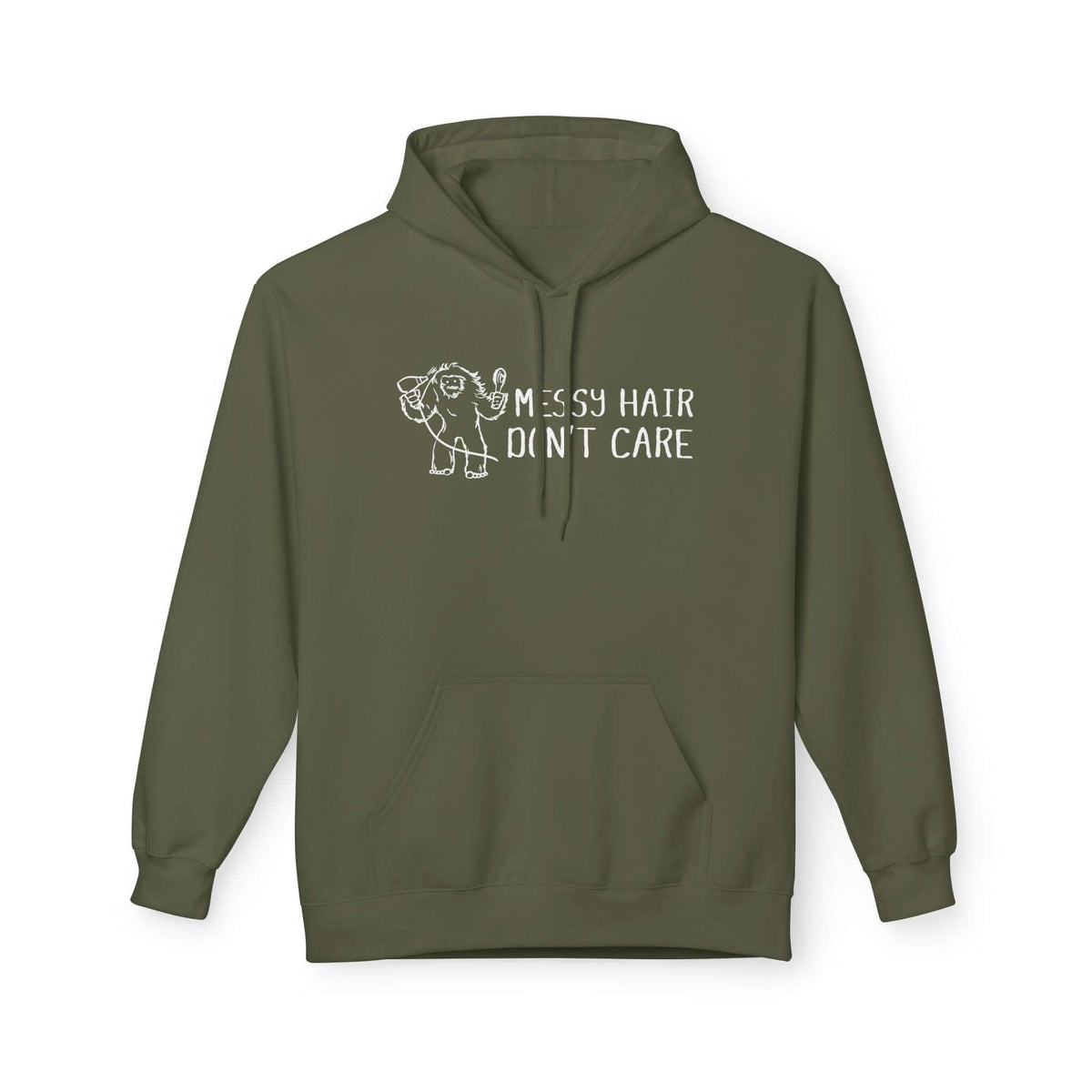 Messy Hair Don't Care Hoodie featuring a playful Sasquatch design in olive green.