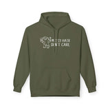 Messy Hair Don't Care Hoodie featuring a playful Sasquatch design in olive green.