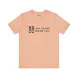 Leave the Road, Take the Trails premium soft tee in sandy color, perfect for outdoor adventure and exploration.