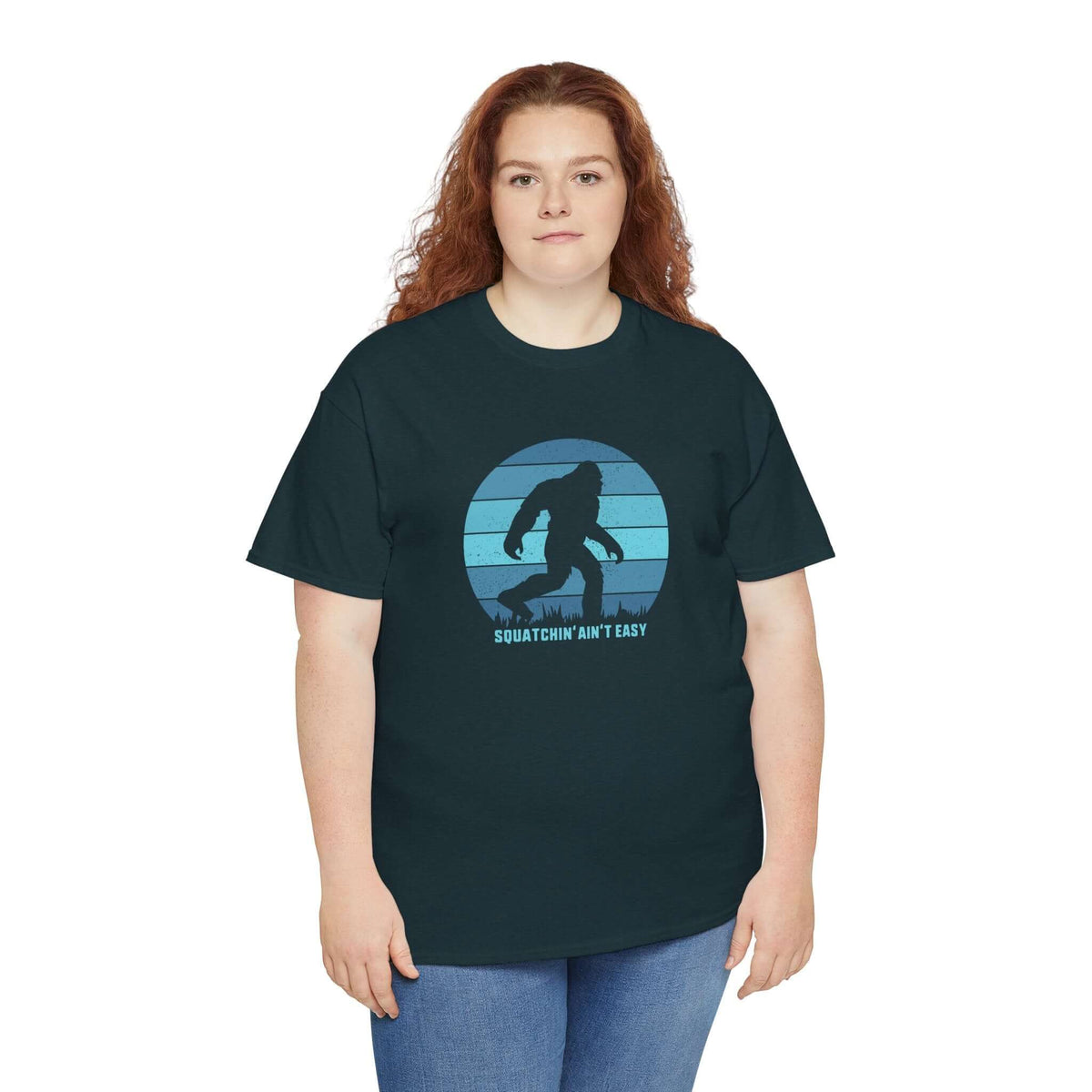 Model wearing Squatchin' Ain't Easy athletic tee with Bigfoot design, ideal for cryptid enthusiasts.