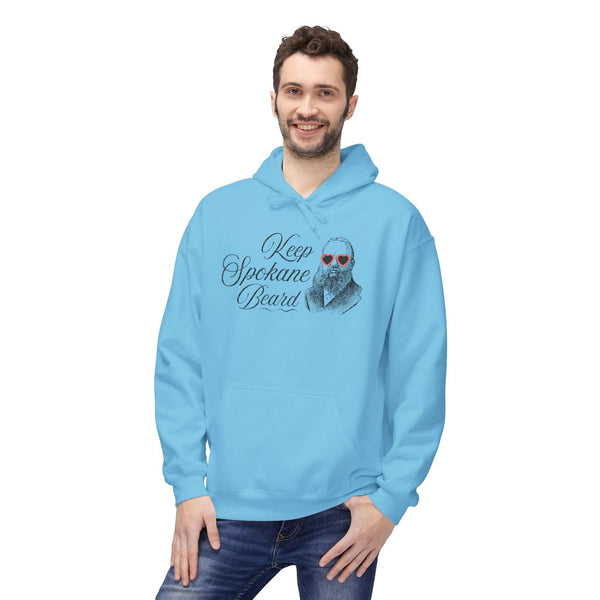 Keep Spokane Beard Hoodie featuring a vintage bearded man with heart-shaped shades in cool blue.