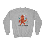 Kids sweatshirt featuring playful 'I Brake for Bigfoot' design, perfect for little adventurers and outdoor enthusiasts.