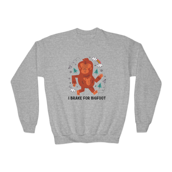 Kids sweatshirt featuring playful 'I Brake for Bigfoot' design, perfect for little adventurers and outdoor enthusiasts.