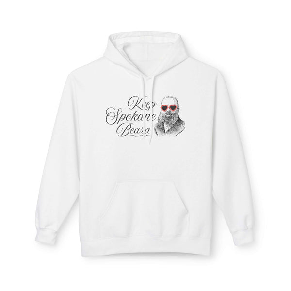 Keep Spokane Beard Hoodie featuring a bearded man in heart-shaped sunglasses on a white sweatshirt.