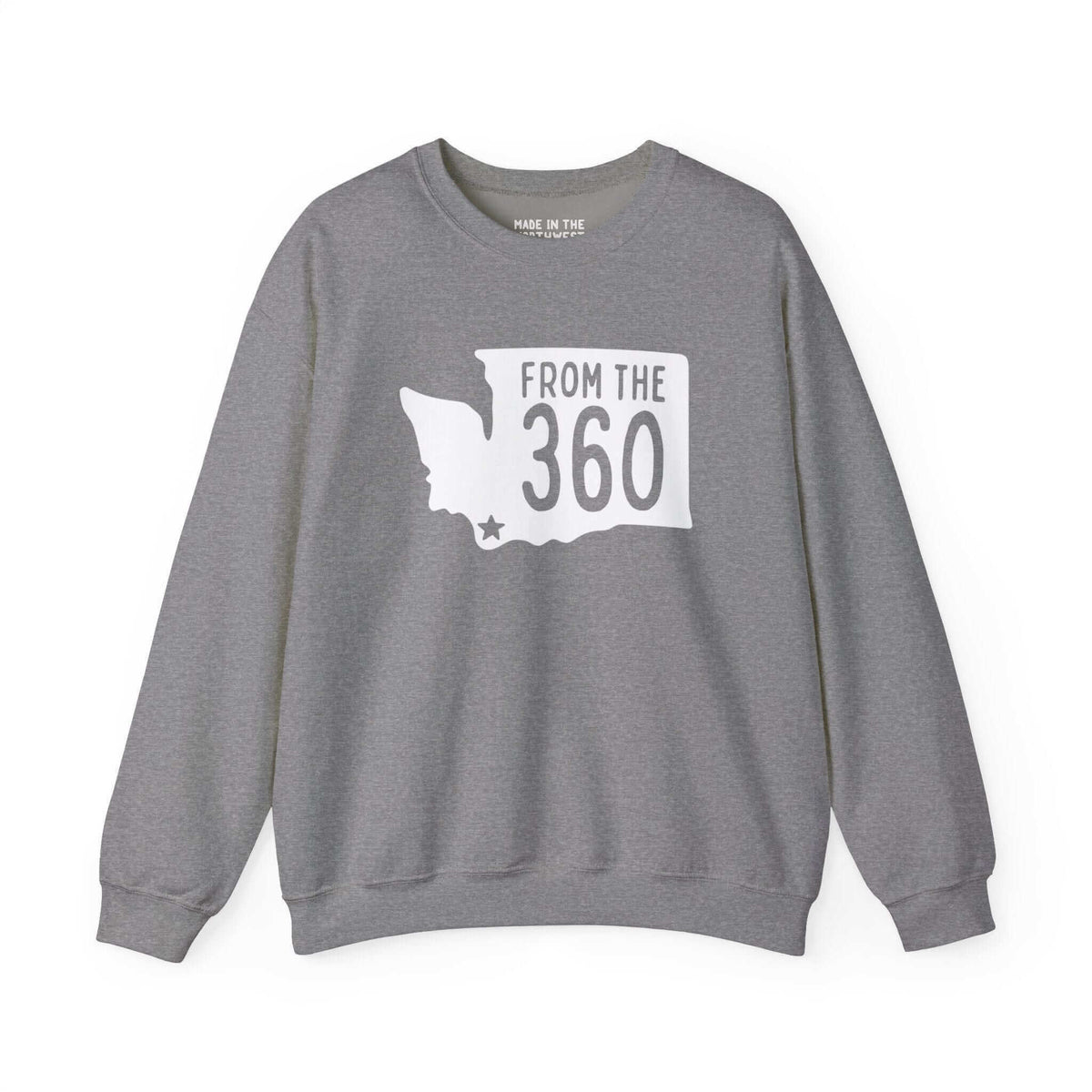 Gray sweatshirt with "From the 360" text and Washington state silhouette, marking Vancouver with a star.