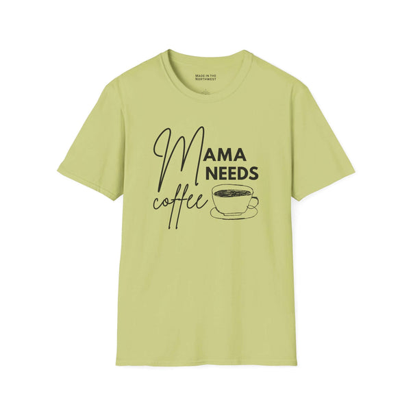 Mama Needs Coffee T Shirt in light green with playful lettering and coffee cup design.