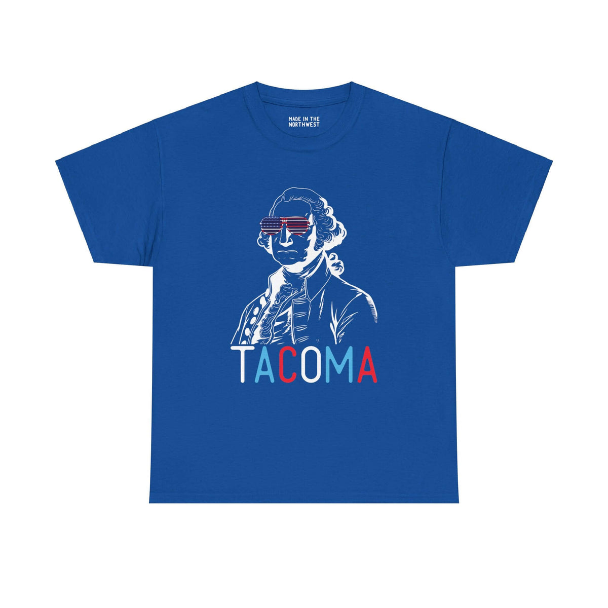 Blue Tacoma tee with George Washington wearing USA sunglasses, blending patriotic style with local pride.