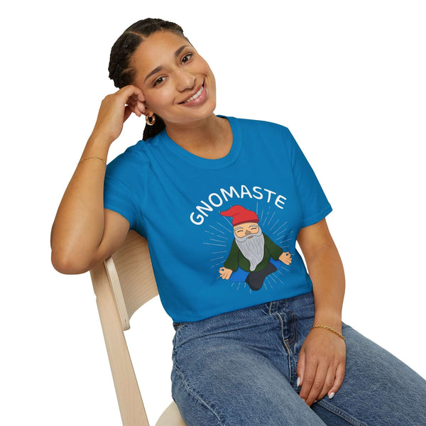 Woman wearing a blue Gnomaste T Shirt with a meditating gnome illustration and the word 'GNOMASTE'