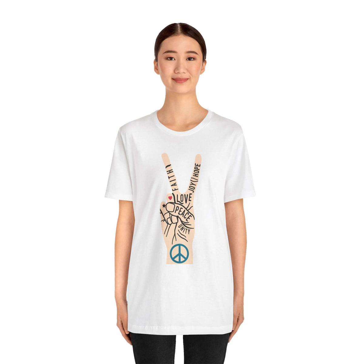 Model wearing Power in Peace Premium Soft Tee with peace sign and uplifting words promoting positivity and unity.