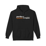 Retro Portland hoodie in black featuring a minimalist 'Portland, Oregon' graphic with retro stripes.