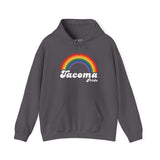 Retro Tacoma Pride hoodie featuring a vibrant rainbow design celebrating LGBTQ+ pride.