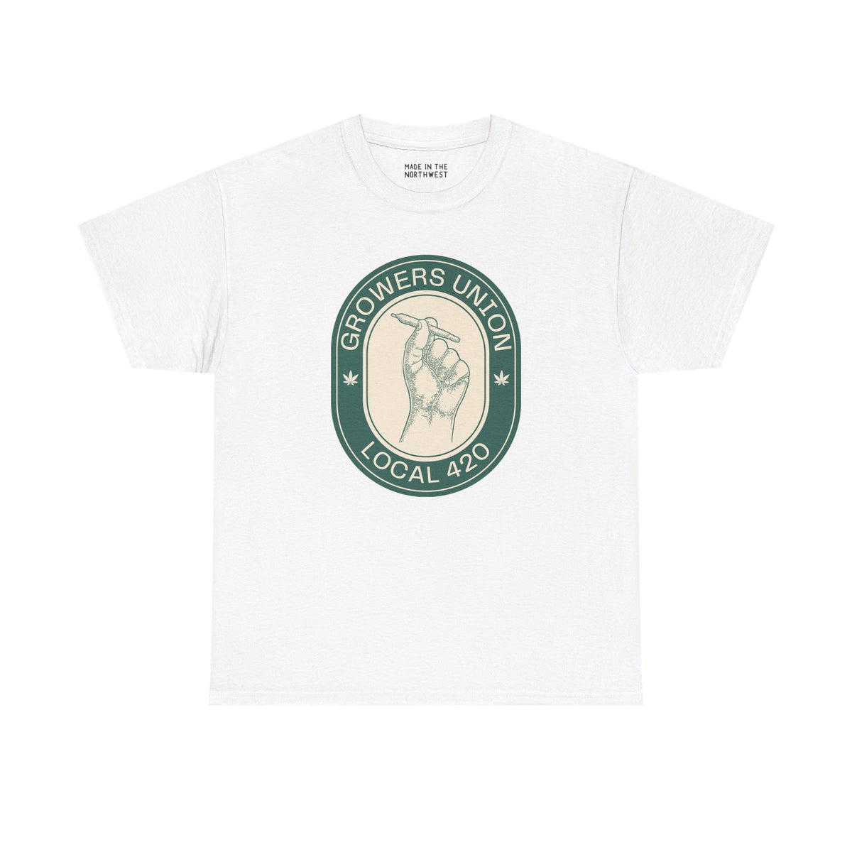 White athletic tee with Grower's Union Local 420 graphic featuring a hand holding a joint.