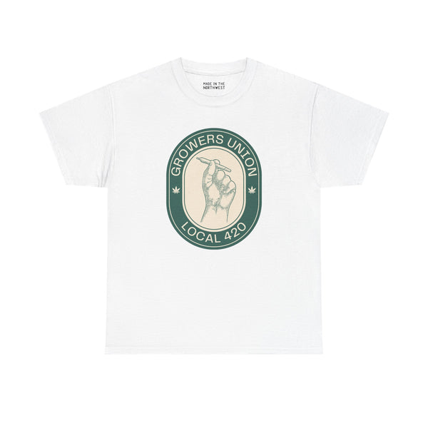 White athletic tee with Grower's Union Local 420 graphic featuring a hand holding a joint.
