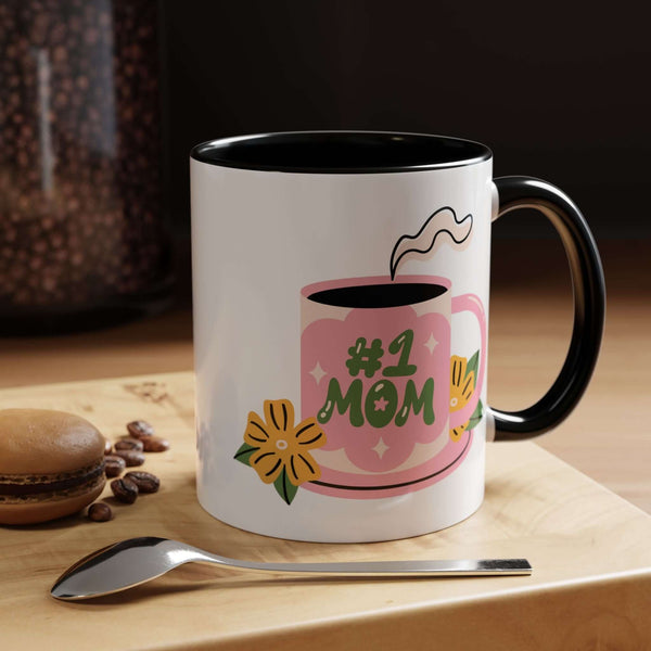 Number One Mom Mug with cheerful florals and coffee, perfect for celebrating moms.