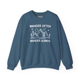 Wander Often Wander Always Sweatshirt in blue featuring mountain and tent design, perfect for outdoor enthusiasts.