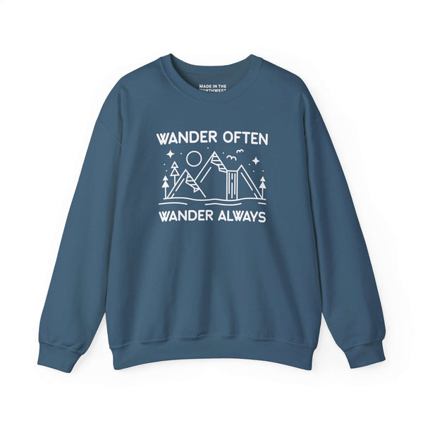 Wander Often Wander Always Sweatshirt in blue featuring mountain and tent design, perfect for outdoor enthusiasts.