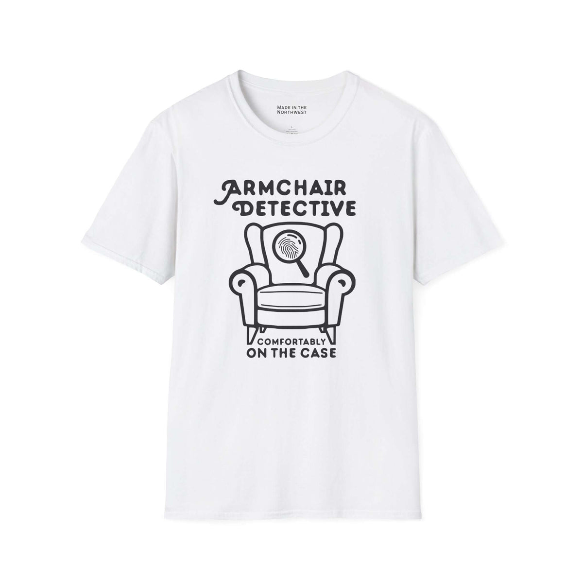 Armchair Detective T Shirt – Cozy True Crime Graphic Tee featuring a hand-drawn armchair and magnifying glass design.