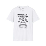 Armchair Detective T Shirt – Cozy True Crime Graphic Tee featuring a hand-drawn armchair and magnifying glass design.