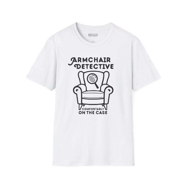 Armchair Detective T Shirt – Cozy True Crime Graphic Tee featuring a hand-drawn armchair and magnifying glass design.