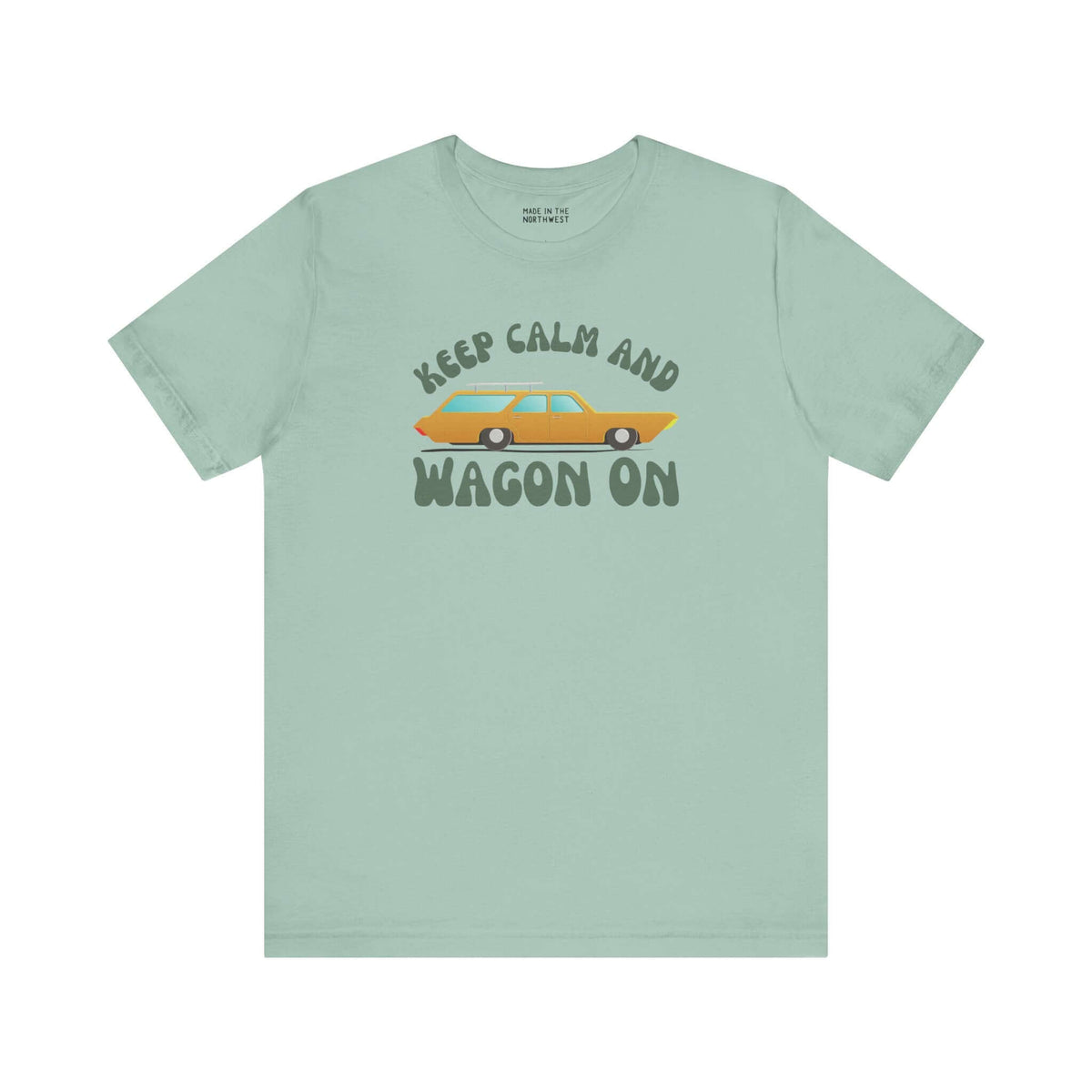 Keep Calm and Wagon On premium soft tee featuring a retro '68 Chevelle wagon graphic on a teal background.