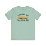 Keep Calm and Wagon On premium soft tee featuring a retro '68 Chevelle wagon graphic on a teal background.
