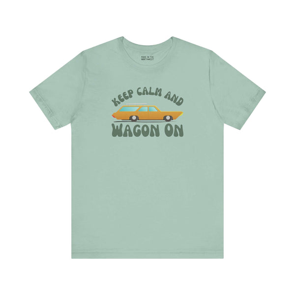 Keep Calm and Wagon On premium soft tee featuring a retro '68 Chevelle wagon graphic on a teal background.