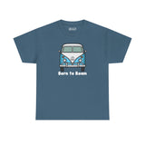 Born to Roam athletic tee featuring a classic vanagon bus and peace sign, perfect for nomadic spirits.