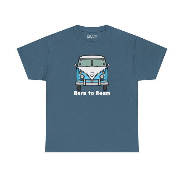 Born to Roam athletic tee featuring a classic vanagon bus and peace sign, perfect for nomadic spirits.