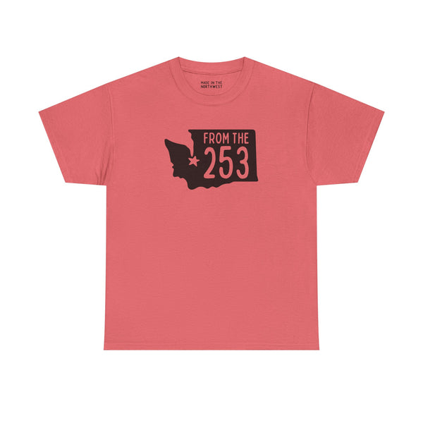 From the 253 Washington State Athletic Tee in coral, featuring Tacoma's star and state silhouette design.