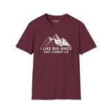 I Like Big Hikes and I Cannot Lie T Shirt displayed on a burgundy t-shirt with mountain graphic.