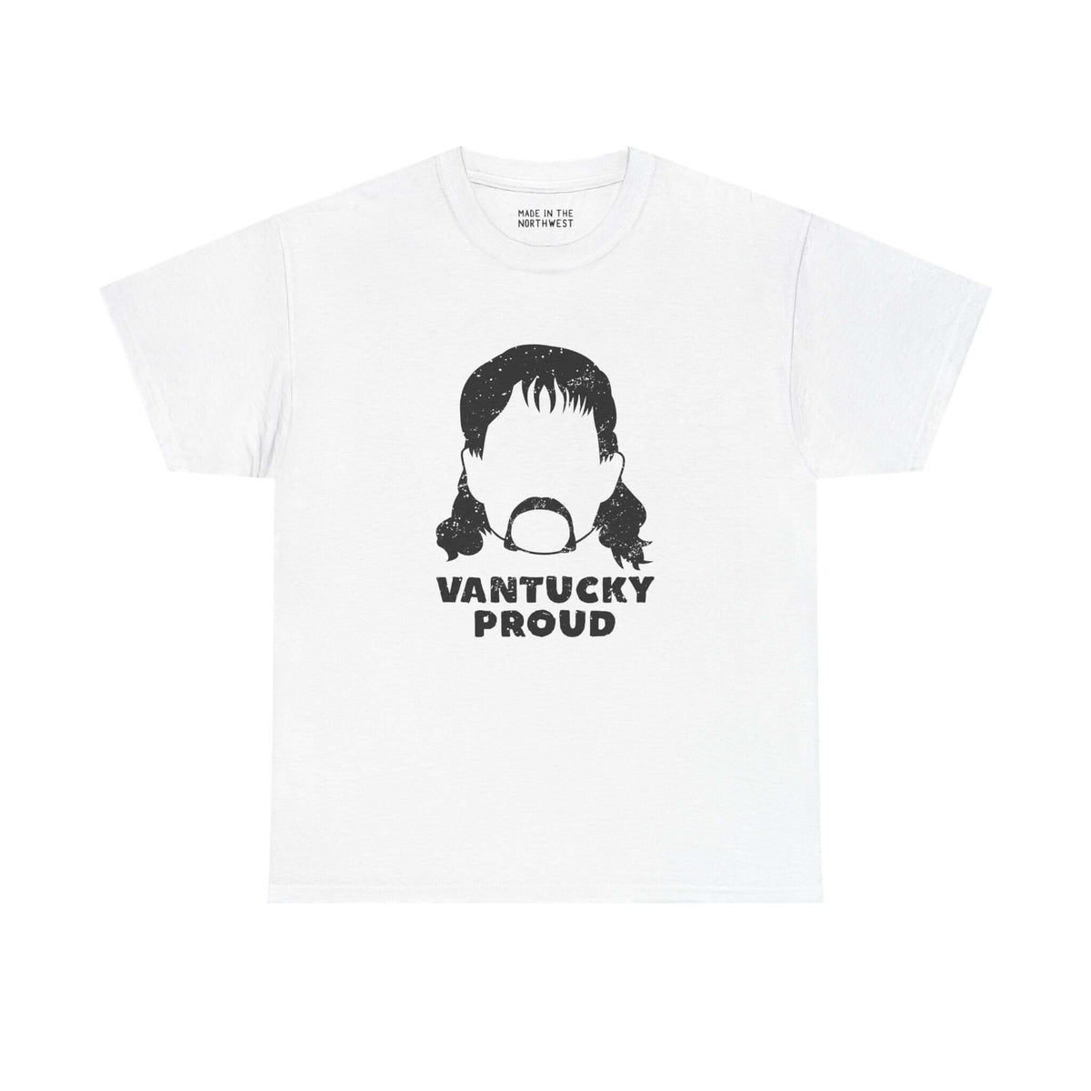 Vantucky Proud white athletic tee featuring Rusty McCoy graphic, symbolizing resilience and local pride.